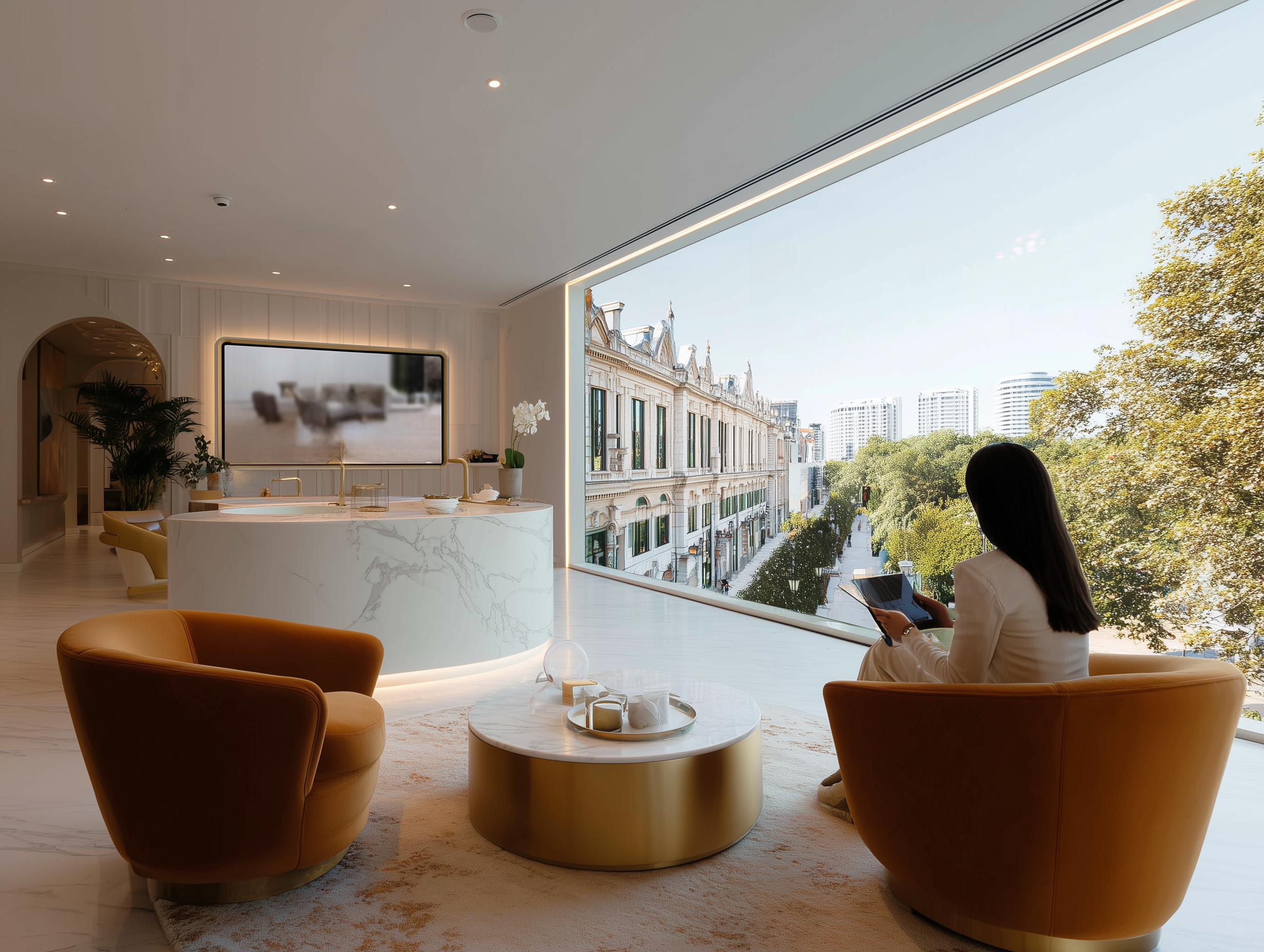 Agent on a tablet controlling an interactive experience on a large TV screen.